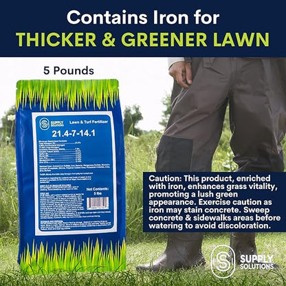 Supply Solutions 21.4-7-14.1 Lawn and Turf Fertilizer with Iron - Achieves a Lush Green Lawn in Weeks - Turf Builder for All Grass Types - for Greener Grass Fertilizer (5lbs)