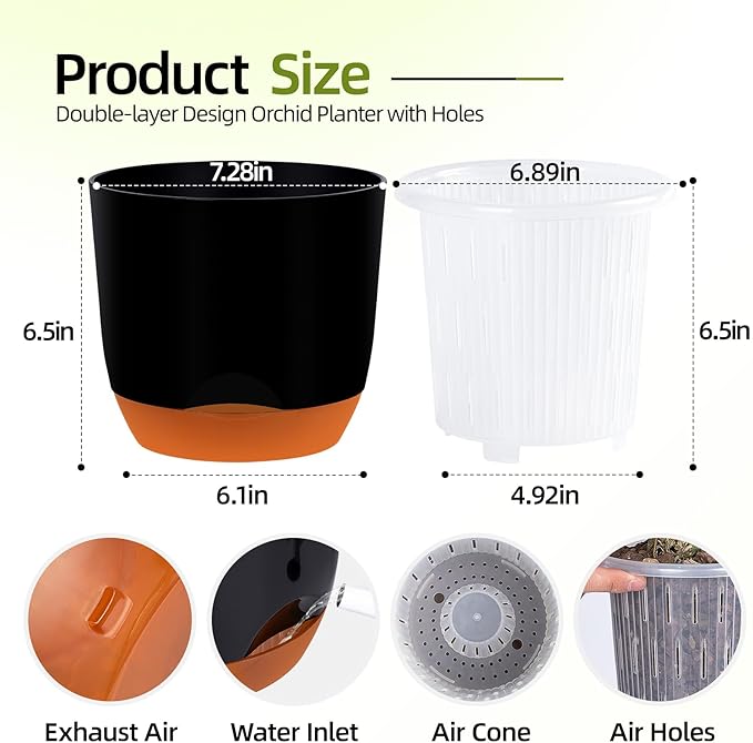 QCQHDU 2 Pack 7.2 Inch Orchid Pots with Holes for Repotting, Double-Layer and Self Watering Orchid Pot with Good Air Circulation
