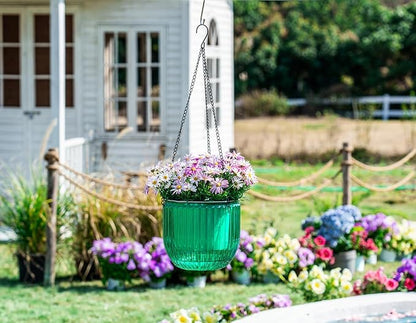 Melphoe Self Watering Hanging Planters for Indoor Plants, 1 Pack 8.3 Inch Outdoor Hanging Plant Pot Basket, 2 Kinds of Hangers Macrame 35.5’’ & Metal Chain 19.6’’ for Garden Home Decor