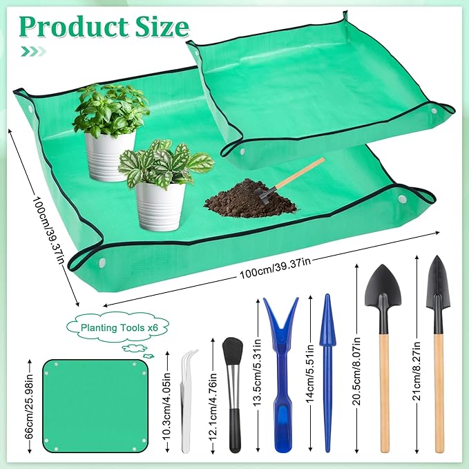 Plant Repotting Mat for Garden, 2 Pcs Waterproof Potting Mat Foldable Indoor Plant Mats Portable Square Gardening Mat Potting Tray with 6 Pcs Mini Garden Tools Set for Plant Lovers Gardening Gifts