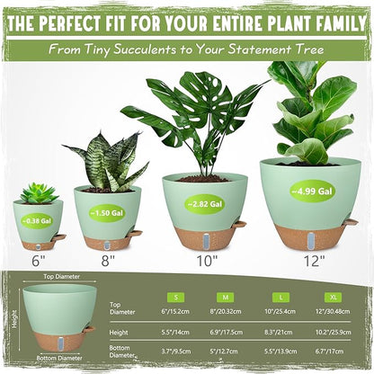 Self-Watering Pots for Indoor Plants 4 Pack, 6/8/10/12 Inch Outdoor Planters with Water Level Indicator&Deep Reservoir, Decorative Flower Pots for Indoor Plants,Home Decor (Green, 12+10+8+6 inch)