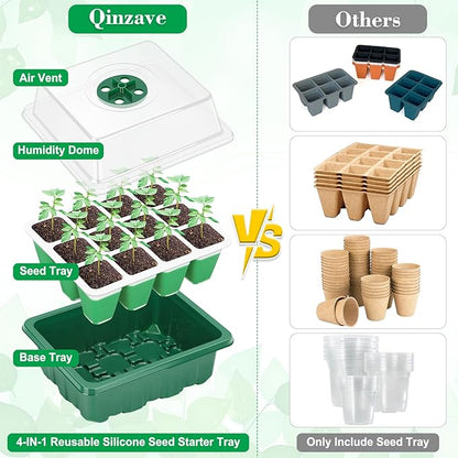 Reusable Silicone Seed Starter Tray, 96 Cells Seed Starter Kit with Humidity Adjustable Dome and Lid, 8 Packs Plant Germination Trays with Repotting Mat Germination Kit for Seeds Grow Starting