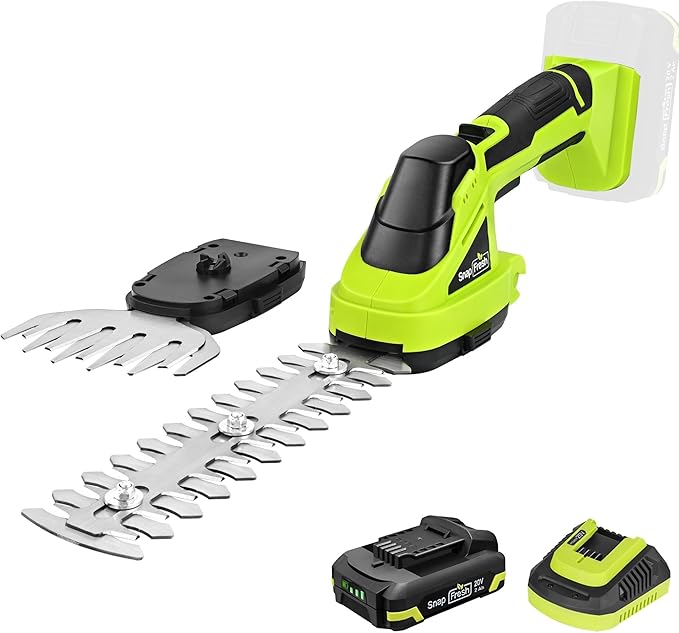 SnapFresh 20V Hedge Trimmer Cordless, 2 in 1 8.67" Electric Shrub Trimmer and 4.72” Grass Shears with 2.0Ah Battery and Charger, Handheld Grass Cutter/Bush Trimmer for Garden Yard