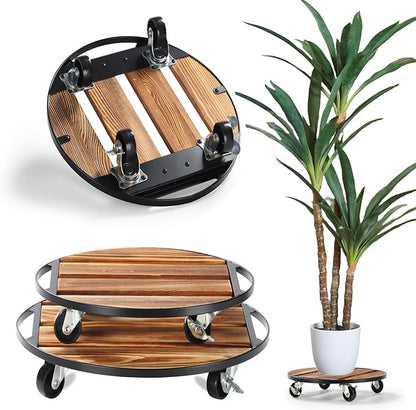 2 Pack Plant Caddy with Wheels,14" + 12" Rolling Plant Stand 264 LB Heavy Duty, Iron and Wood Round Plant Dolly with Metal 360° Lockable Wheels for Outdoor Indoor Large Plant Pots, Patio, Flower Pot