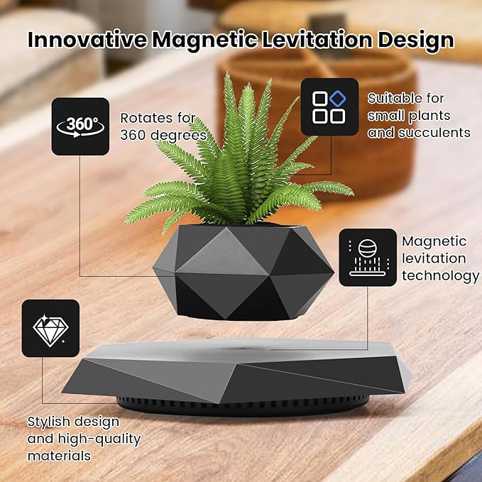 Levitating Plant Pot, Magnetic Levitation Flower Pot Suspension Floating Plant Succulents, Air Bonsai Potted Plant for Home Decoration, Living Room, Office, Desk (Black)