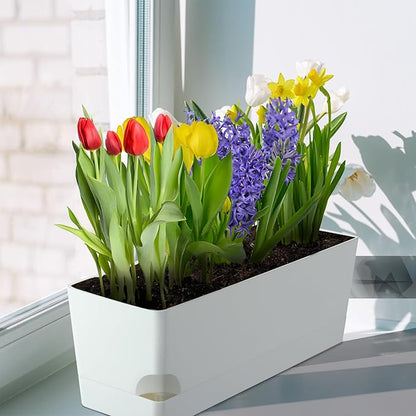 4 Pack Self Watering Pots for Indoor Plants 17 Inches Window Boxes Planters Rectangular Flower Pots Rectangle Herb Pots Large Plant Pots with Drainage Holes and Saucers Windowsill Planter, White