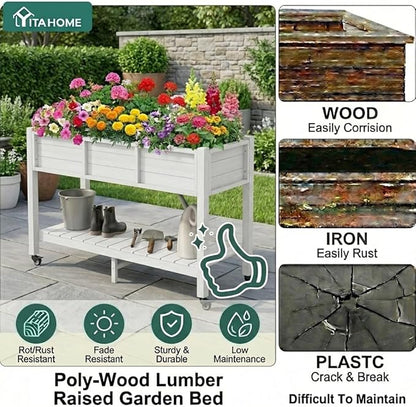 YITAHOME Raised Garden Bed HDPE, 47x18x31In Raised Flower Bed Poly-Wood Weather-Resistant Elevated Planter Box with Lockable Wheels & Storage Shelf for Vegetable Flower, White