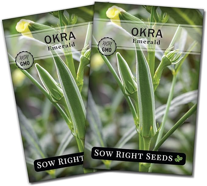 Sow Right Seeds - Emerald Okra Seeds for Planting - Non-GMO Heirloom Packet with Instructions to Plant a Home Vegetable Garden - Classic Green Pods on Tall Stalks - Make Fried Okra (2)