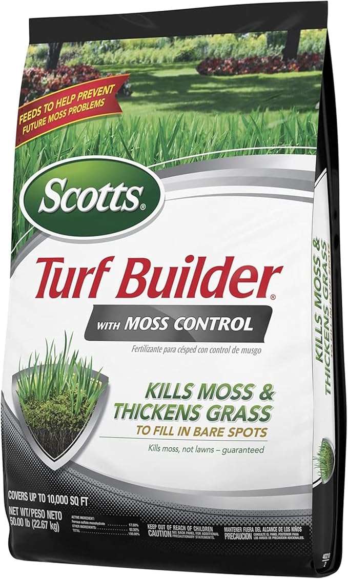 Scotts Turf Builder with Moss Control, Moss Killer and Lawn Fertilizer, Covers Up to 10,000 sq. ft., 50 lbs.