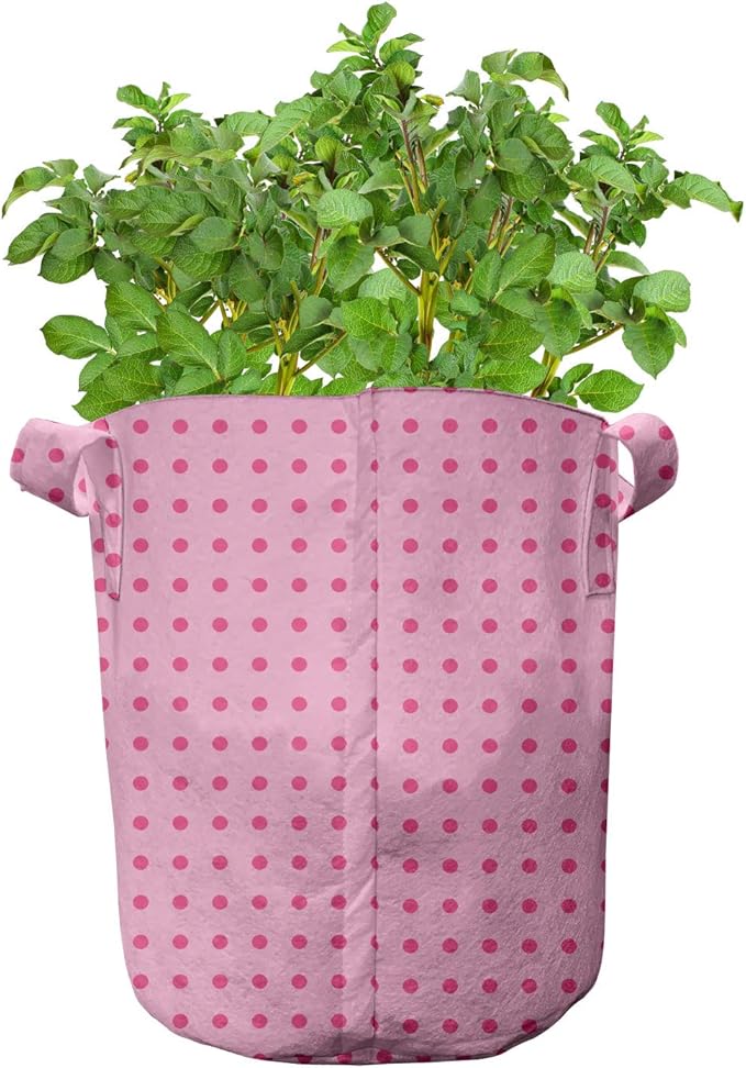Lunarable Polka Dot Grow Bags 5-Pack, Simplistic Dots, Heavyduty Fabric Pots with Handles for Plants, Pink Magenta