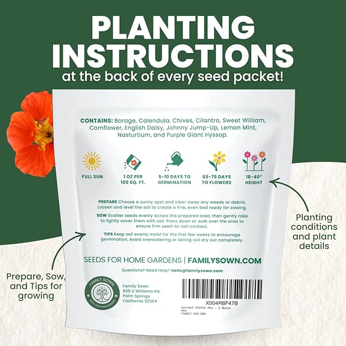 Gourmet Edible Mix – 5,000 Premium Seeds for Planting – Fresh Culinary Flowers & Herbs – 2026 Season – 1 Ounce Pouch