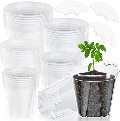 40 Pack Clear Nursery Pots for Plants, 3.9/4.7/5.5/5.9/6.3 Inch Reinforced Plastic Plant Pots with Drainage Holes High Transparency Plant Pot Seed Starter Pot High Transparency with 30 Plant Labels