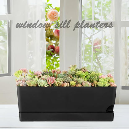 Self Watering Pots for Indoor Plants 17 Inches Window Boxes Planters Rectangular Flower Pots Rectangle Herb Pots Large Plant Pots with Drainage Holes and Saucers Windowsill Planter (2, Black)