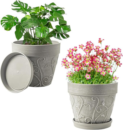 Melphoe Plant Pots Indoor with Drainage & Saucer, 2Pack 7 inch Flower Pots Outdoor Planters for Indoor Plants Garden Home Decor Cactus Succulent, Rigid Plastic (Imitation-Terracotta) Vine-Embossed