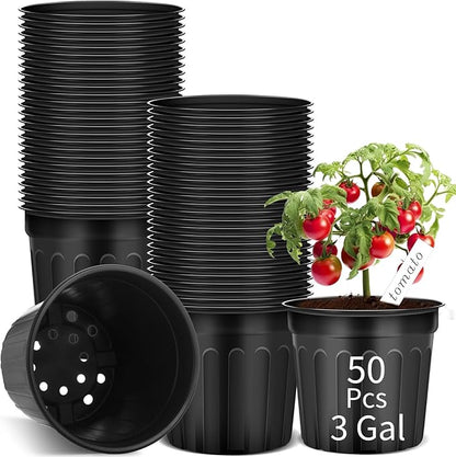 50 Pcs 3 Gallon Plant Nursery Pots Bulk Plastic Planter Flexible Flower Seedlings Pot with Drainage Hole Thickened Seed Starting Container for Flower Succulents Cuttings Transplanting