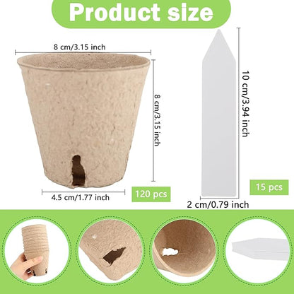 120 Packs 3.15 Inches Seed Starting Pots Biodegradable Drainage Holes Round Nursery Pot with 15 Planting Labels Small Seed Starter Tray Bulk Garden Germination Container for Herb Seed Starter