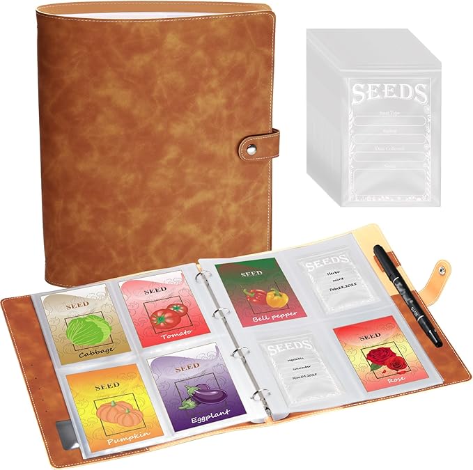 Garden Seed Storage Organizer Binder: 100 Resealable Envelopes + 25 Sheet 100 Pockets Protectors | Durable Organizer for Seed Packets, Saving & Planting - Brown