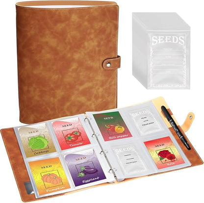 Garden Seed Storage Organizer Binder: 100 Resealable Envelopes + 25 Sheet 100 Pockets Protectors | Durable Organizer for Seed Packets, Saving & Planting - Brown