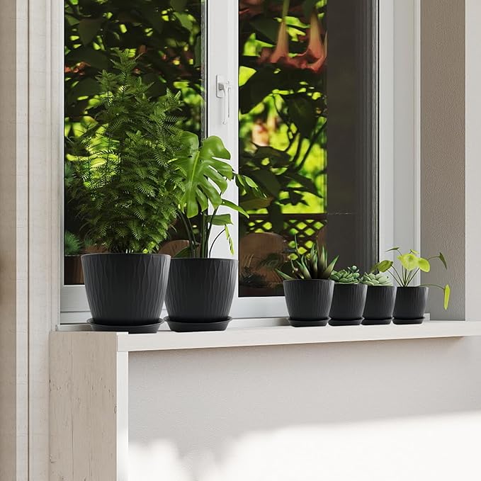 8/7/6 inch Plant Pots, 3 Pack Flower Pots for Outdoor Indoor Garden Plants, Large Planters with Multi Mesh Drainage Holes and Saucer (Black, 8"+7"+6")
