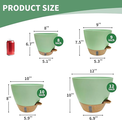 MNKXL 12"/10"/9"/8" Self Watering Pots with Visual Water Window,Extra Large Self Watering Plant Pots with Drainage Holes & Saucers,Green Planters for Indoor Plants,4-Pack