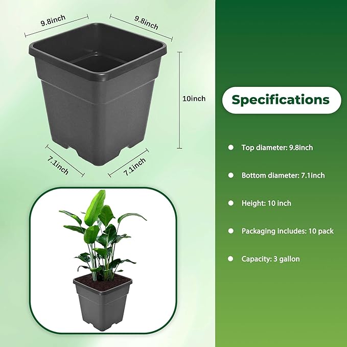Plant Pots Flower Pot 10-Pack 3 Gallon Planter Nursery Pot Garden Seedling Planters Containers Plastic Injection Molded Pots with Drainage Holes for Outdoor Indoor Plants Vegetables, Black