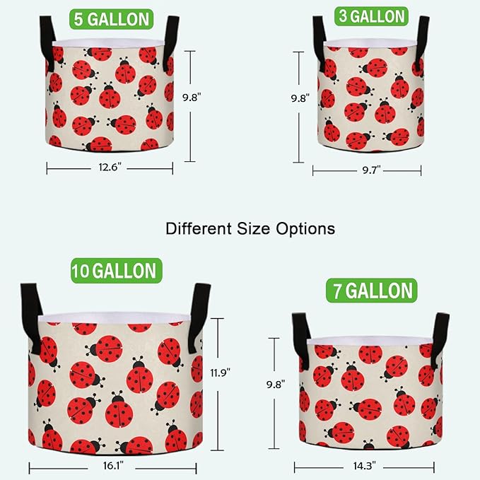 7 Gallon Cartoon Ladybug Beige Floral Breathable Potato Grow Bags Heavy Duty Planter Pot Containers with Handles for Tomato Fruits Flowers Vegetables