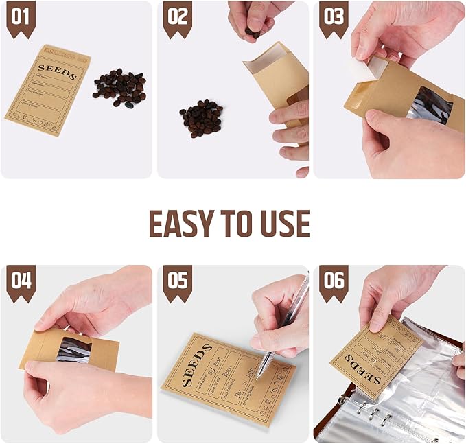 Seed Storage Organizer, Seed Packet Organizer Binder with 80Pcs Garden Seeds Storage Envelopes and 40 Clear Pocket Sheet Protectors for Protecting Vegetable Seeds (Brown, 9.1 x 6.5inch)