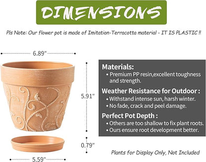 Melphoe Plant Pots Indoor with Drainage & Saucer, 2Pack 7 inch Flower Pots Outdoor Planters for Indoor Plants Garden Home Decor Cactus Succulent, Rigid Plastic (Imitation-Terracotta) Vine-Embossed