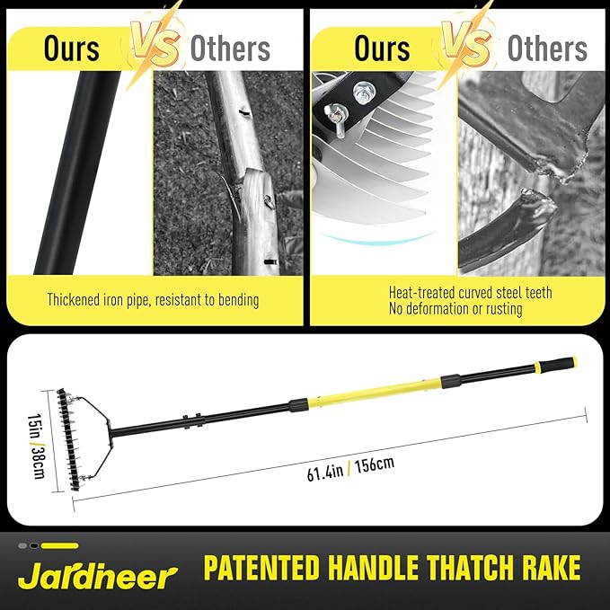 Jardineer Thatch Rake for Lawns, 61.4" Long Handle Manual Dethatcher with Adjustable Head, Metal Rake Heavy Duty for Dethatching, Dead Grass Removal, Garden Debris & Lawn Care Maintenance