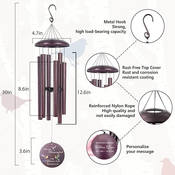 ASTARIN Personalized Memorial Wind Chime for Loss of Loved One 30/36/45 inch, Sympathy Deep Tone Wind Chimes for Mom Dad/Mother Father, Remembrance Gifts for Grief Condolence Funeral, Produced in USA