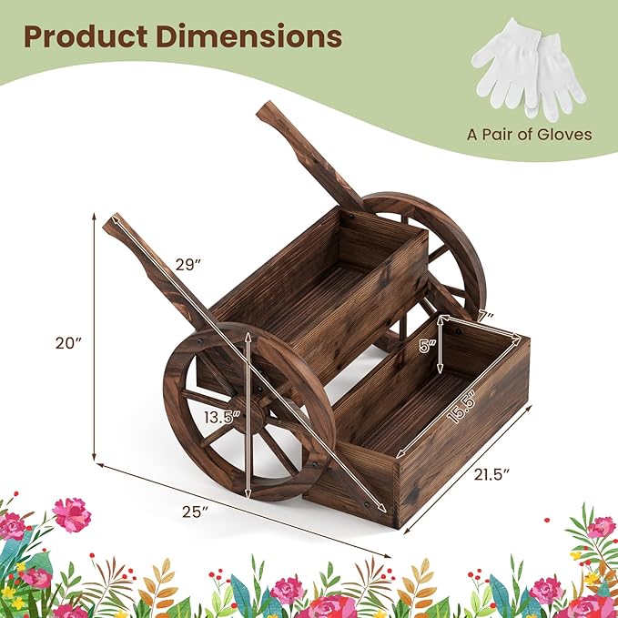 Giantex Wooden Wagon Planter Box, Rustic Garden Planter with Wheels, Handles & Drainage Holes for Flowers Herbs Vegetables, Indoor Outdoor Decorative Flower Cart for Patio Balcony (1)