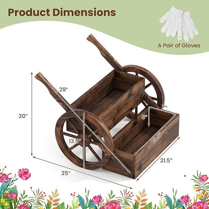 Giantex Wooden Wagon Planter Box, Rustic Garden Planter with Wheels, Handles & Drainage Holes for Flowers Herbs Vegetables, Indoor Outdoor Decorative Flower Cart for Patio Balcony (1)