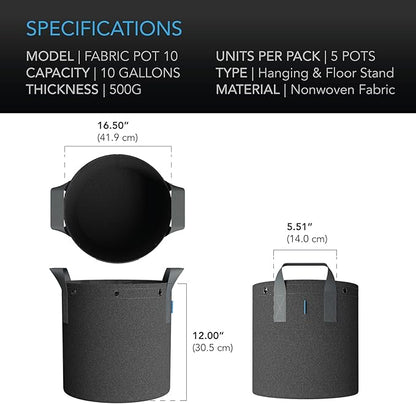 AC Infinity Heavy Duty Fabric Pots, 10 Gallon Aeration Reusable Grow Bags 5-Pack with 500G Thick Nonwoven Fabric and Multi-Purpose Rings, for Low Stress Plant Training Fruits, Vegetables, and Flowers