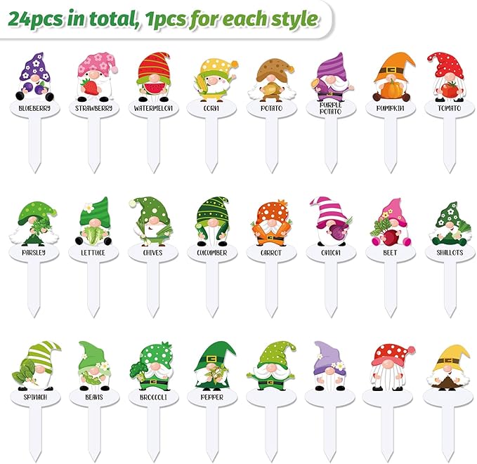 24Pcs Gnome Vegetable Plant Markers 24 Styles Funny Acrylic Garden Potted Plant Labels Sign Waterproof Plant Name Stake Tags for Nursery Indoor Outdoor Garden Decoration