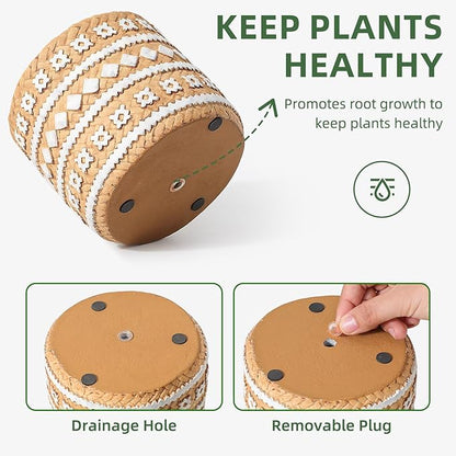 Concrete Rattan-Style Plant Basket Planter, 5" Plant Pots Indoor Outdoor with Drainage Hole, Boho Flower Pot for Succulents, Herbs, Modern Farmhouse Decor, Ideal Gift for Plant Lovers