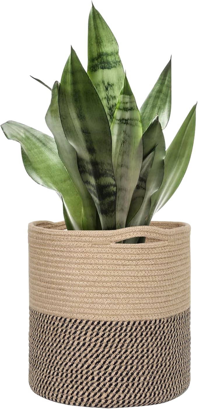 Woven Jute Plant Basket, Wicker Basket Planter for 10 inch Pot, Round Indoor Tree Pot Cover, Small Boho Planter Baskets, Decorative Basket for Plants and Home Decor, 11”X11”, Black Stripes