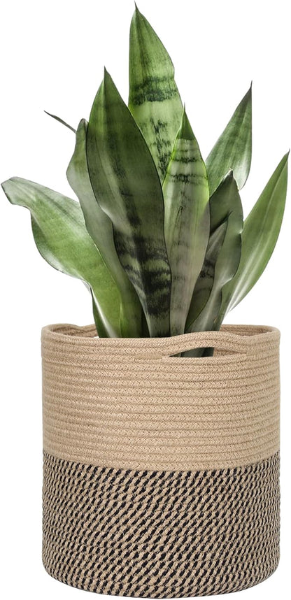 Woven Jute Plant Basket, Wicker Basket Planter for 10 inch Pot, Round Indoor Tree Pot Cover, Small Boho Planter Baskets, Decorative Basket for Plants and Home Decor, 11”X11”, Black Stripes