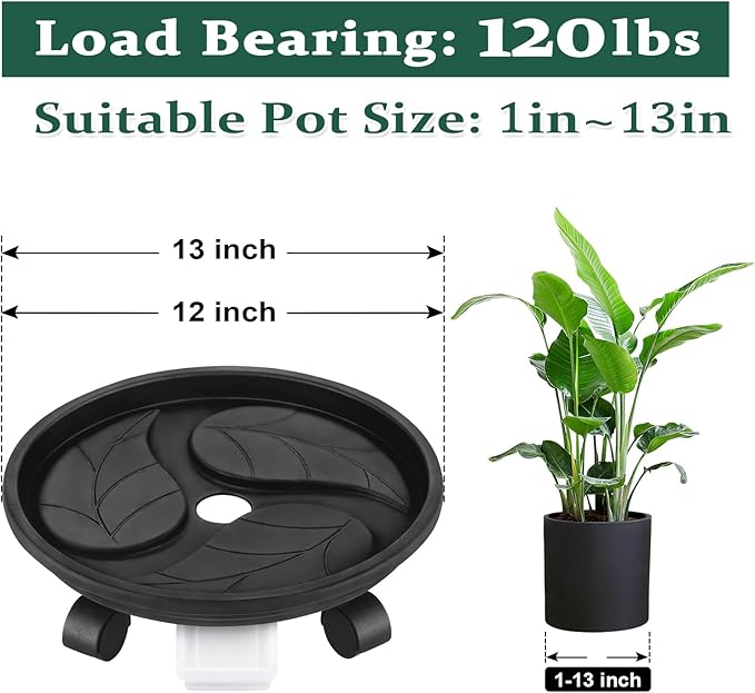 Looca Plant Caddy with Wheels and Drainage Tray, 13”Rolling Plant Stand Flower Pot Mover, Planter Caddies Round Plant Dolly for Heavy Duty Planter, 3 Pack, Bearing 120 lbs (Black)