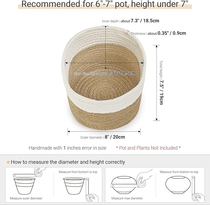 Dahey Small Cotton Rope Plant Basket Woven Plant Coiled Basket for Up to 7" Planter, Decorative Flower Pot Cover Closet Storage Bin Table Desk Organizer for Home Decor, White and Beige