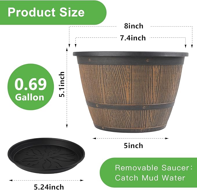 8-inch-Plant-Pots-Indoor-Outdoor, 4 Pack Whiskey Barrel Planters with Drainage Holes & Saucer, Plastic Flower Pots Imitation Wine Barrel Design, Decorative Garden Pots for Plants