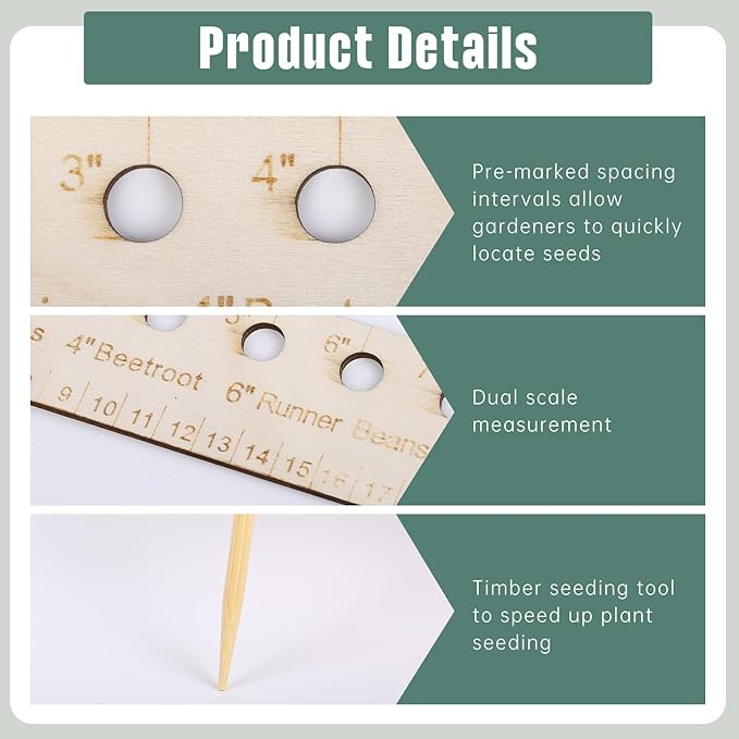 Seed Spacers Planting Tool, Garden Seed Planter Ruler with 2 Wooden Stakes, Ideal for Seedlings, Gardeners and Garden Planning, Precise Planting Template for Perfect Rows and Even Growth