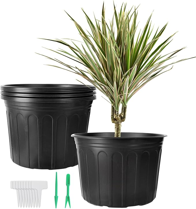 12 Pack 5 Gallon Nursery Pots Thickened Soft Plastic Plant Pots with 20 Pcs Waterproof Plastic T-Type Plant Tags and 2Pcs/Set Transplanting Digging Mini Tools