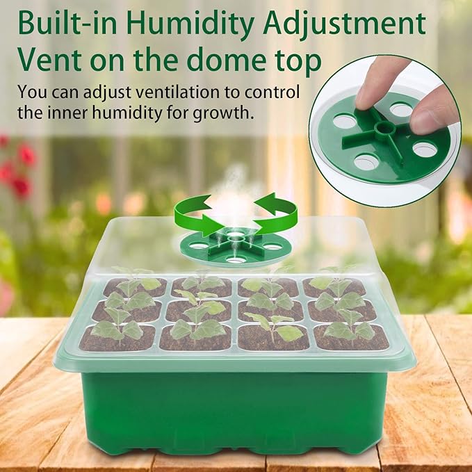 Seed Starter Tray, 12-Pack 144 Cells Seedling Starter Trays, Humidity Adjustable Seed Tray Kit with Dome and Base Greenhouse Grow Trays Mini Propagator for Seeds Growing Starting