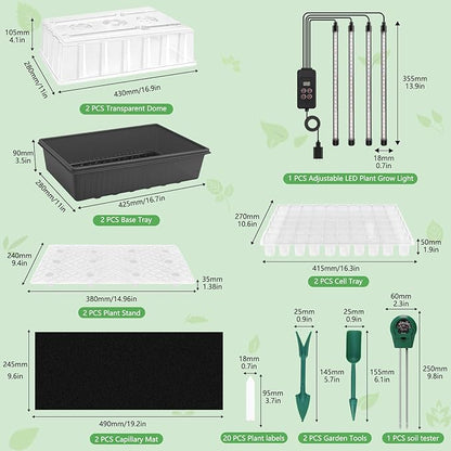 Seed Starter Tray with Grow Light, 2 Pack 120 Cells Seedling Tray Kit with 3-in-1 Soil Moisture Meter, Indoor Seedling Starter Tray for Plant Germination, Seeds Growing