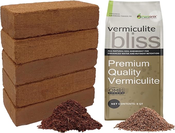Coco Bliss 650gm Bricks (5-Pack) + Vermiculite Bliss (8 Qts) - Organic Coco Coir for Plants & Vermiculite for Gardening - Cocopeat Coconut Soil - Coconut Coir for Plants - Garden Soil Potting Mix