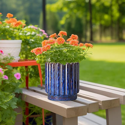 Ceramic Pots for Plants - 7.6 Inch Plant Pots Indoor with Drainage Hole, Fluted Round Ceramic Planter Outdoor, Modern Flower Planter, Home Office Living Room Decor, Garden Gifts, Blue
