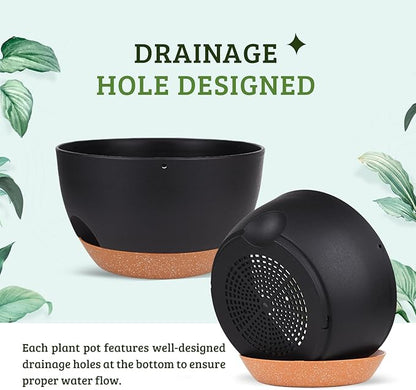 Plant Pots 12inch Self Watering Pots, Set of 2 Plastic Planters with Drainage Holes and Saucers, Flower Pots for Indoor Outdoor Plants (Black)