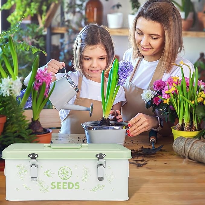 Seed Storage Box, Seed Storage Organizer with Garden String, 30 Seed Envelopes and Bamboo Plant Labels, 4 Compartments Garden Seed Organizer Box with Safety Locks, Light Green
