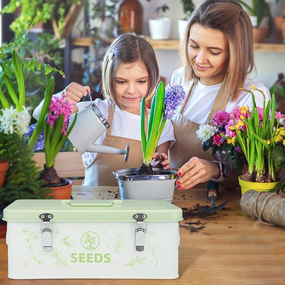 Seed Storage Box, Seed Storage Organizer with Garden String, 30 Seed Envelopes and Bamboo Plant Labels, 4 Compartments Garden Seed Organizer Box with Safety Locks, Light Green
