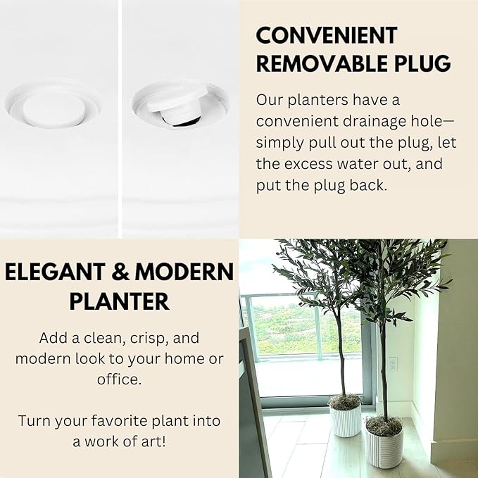 Fox & Fern Large 12 Inch Planter with Drainage Plug — Premium Polystone White Plant Pot - Modern Planter with 3D Texture and Ceramic Finish - 12 Inch Pots for Plants Indoor & Outdoor